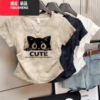 YIBUSHENG卡通扎染正肩短袖T恤女2024季新款褶皱收腰复古设计感短款上衣