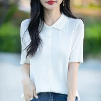 翻领抽条针织开衫短袖女夏季新款精仿羊毛Polo领T恤衫上衣短袖女