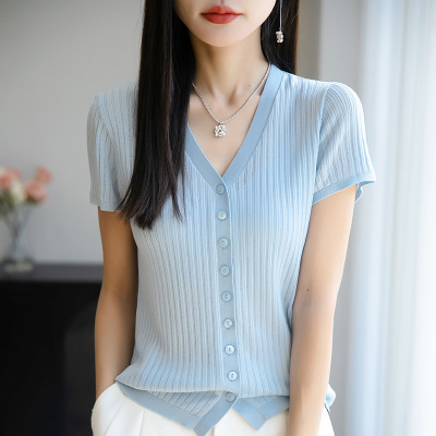 夏季新款V领镂空针织开衫女纯色竖条纹百搭短袖时尚简约外穿上衣