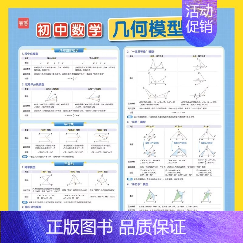 几何模型(2张) 初中通用 [正版]初中数学几何模型挂图几何图形辅助线七八九年级数学分类知识点总结解题技巧归纳挂图墙贴