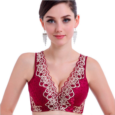 蕾丝美背文胸无钢圈深V聚拢调整型收副乳内衣厚薄款胸罩