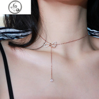 S925纯银新款蝴蝶结流苏女项链双色短款锁骨链潮气质网红水晶颈链 JiMi