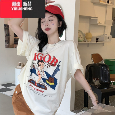 YIBUSHENG美式vintage复古大码t恤女潮牌古着短袖ins2022新款季上衣