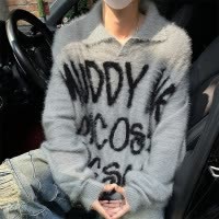 春秋新款貂毛翻领毛衣男美式街头复古字母宽松套头慵懒情侣针织衫