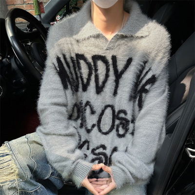 春秋新款貂毛翻领毛衣男美式街头复古字母宽松套头慵懒情侣针织衫