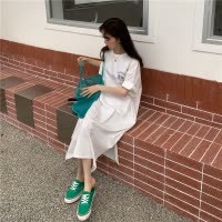 韩国大码T恤女装夏季宽松过膝长裙子开叉连衣裙女长款上衣打底衫