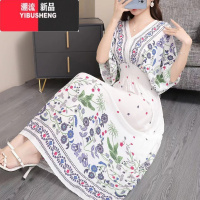 YIBUSHENG波西米亚棉绸碎花连衣裙长款前后V领沙滩裙气质泰国度假长裙旅游