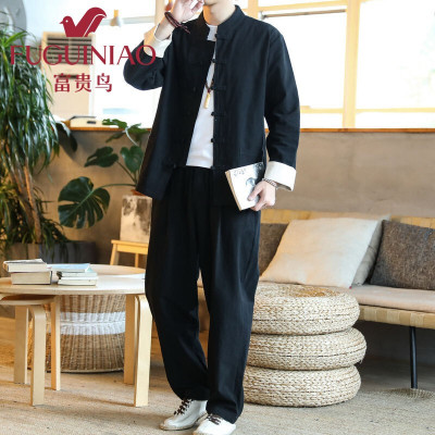 富贵鸟中年男士长袖长裤套装中老年2021春夏中国风棉麻大码复古宽松款式装