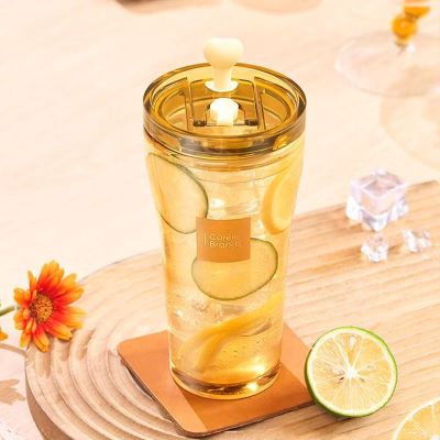 康宁 心悦双饮杯玻璃吸管杯 直饮杯耐热耐冷便携果汁杯牛奶杯500ml 1个