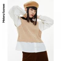 [1件5折价:129.5]美特斯邦威女基本拼衬衫长袖毛衫