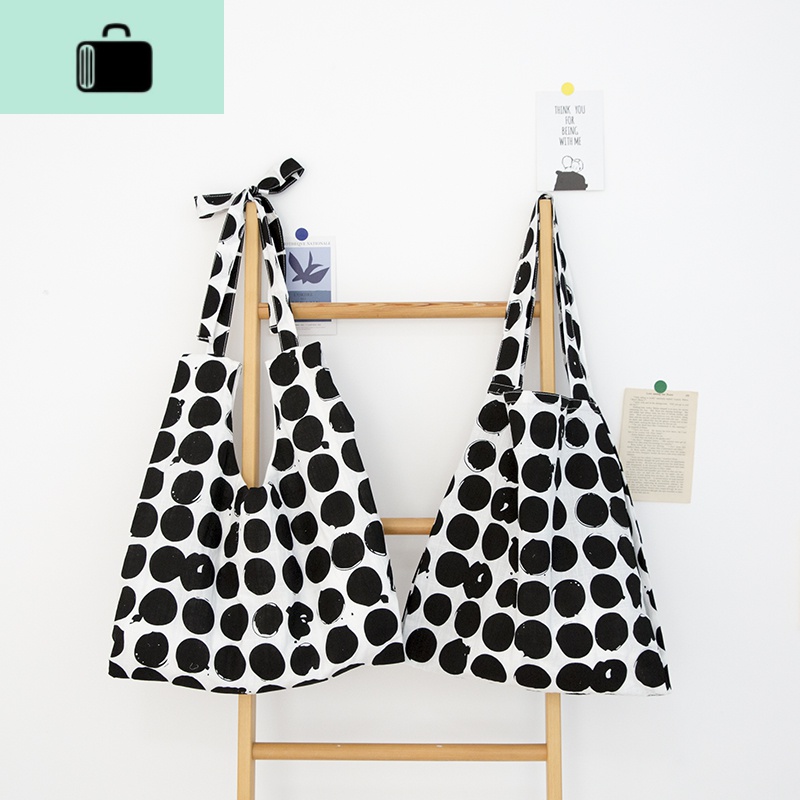 唐糖包袋/复古黑色波点小众单肩包包女 大容量百搭学院风帆布包NEW LAKE女士单肩包