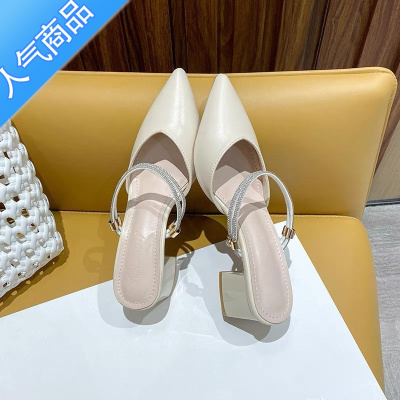 SUNTEK凉鞋女2023年新款夏季包头时装粗跟中跟水钻两穿尖头小码3233凉拖