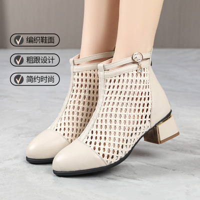 编织镂空网靴2026春夏季新款粗跟复古网纱凉靴舒适网面四季凉鞋_611