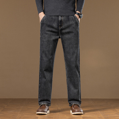 秋冬新款高端牛仔裤男士宽松直筒中年百搭阔腿弹力休闲裤子男