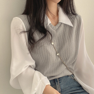 chic法式复古时尚针织假两件拼接短款衬衫女秋季泡泡袖上衣女新款