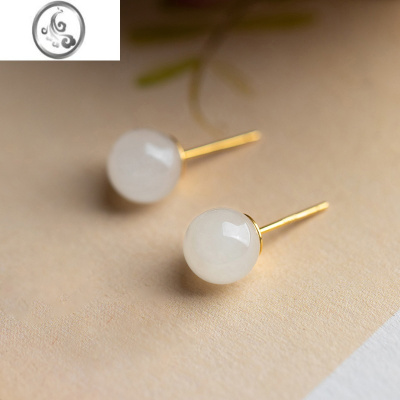 JiMi一念银银和田玉耳钉女高级感气质养耳洞小巧精致白玉石耳饰耳环
