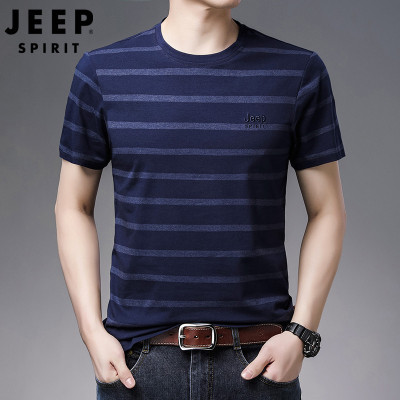 JEEP吉普夏季新款短袖条纹刺纹t恤男士中青年宽松圆领体恤衫大码潮流上衣男装PY3081