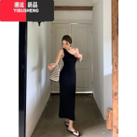 YIBUSHENG气质性感斜肩针织背心连衣裙女季修身辣妹长裙黑色收腰包臀裙子
