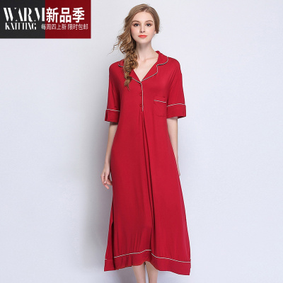 莫代尔春秋长袖孕妇黑色睡裙女夏长款棉家居服宽松睡衣性感大码SHANCHAO