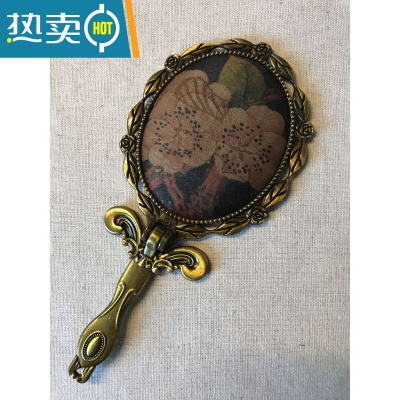 敬平手持镜子带柄香云纱手工布艺便携桌面可立中式复古折叠随身小镜子便携式用镜 蓝色 花朵大小位置随机