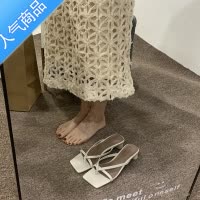 SUNTEK 法式晚风拖鞋外穿女鞋2023年粗跟方头夹趾银色凉拖凉鞋