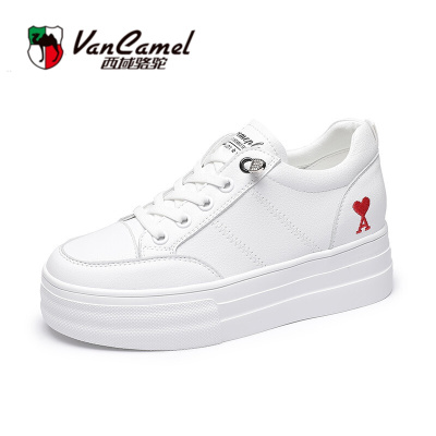 西域骆驼轻奢名品-品牌头层牛皮内增高小白鞋女2021新款透气休闲学生厚底板鞋内增高女鞋