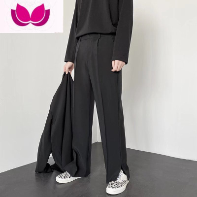 七斓高级感开叉小西裤男潮流直筒宽松阔腿拖地长裤百搭痞帅垂感西装裤