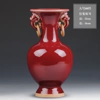 景德镇陶瓷器仿古钧瓷郎红花瓶客厅中式博古架电视柜装饰品摆件 三维工匠 大号双耳[红色]花瓶不包含底座