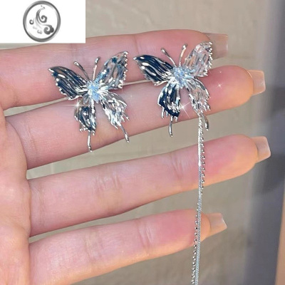 JiMi蝴蝶流苏耳钉小众设计耳饰甜酷长款精灵耳耳环无耳洞女耳夹式无痛