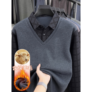 冬装新款假两件T恤男加厚衬衫领保暖针织衫拼色休闲服加绒打底衫