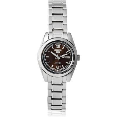 SEIKO女式石英表银色盘棕带不锈钢表盘自动上链防水30米