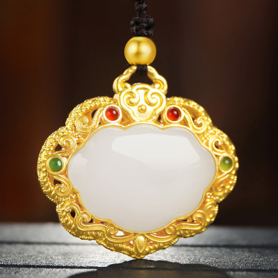 印象眸 古法传承系列 足金镶和田玉吊坠 黄金锁镶羊脂白玉女款玉石