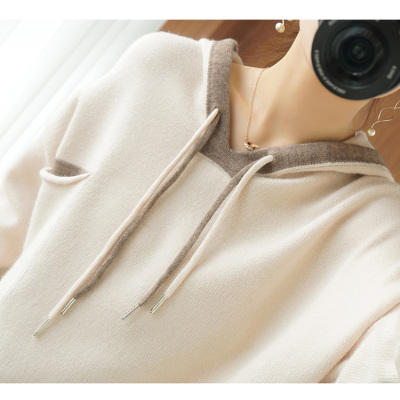 暖青汇连帽套头长袖针织衫女宽松休闲卫衣拼色短款百搭打底帽衫秋冬新款卫衣