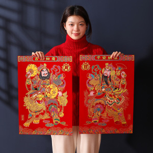 门神贴大门防盗门2025年绒布自粘门贴秦叔宝张飞关羽新年春节门画3759A