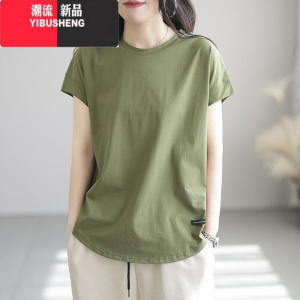 YIBUSHENG2024新款T恤女装短袖圆领时尚休闲文艺简约宽松复古上衣体恤女