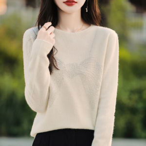圆领长袖针织衫秋冬减龄气质烫钻蝴蝶结宽松显瘦女士外穿上衣