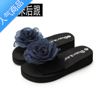 SUNTEK坡跟拖鞋女夏季外穿花朵纯色新款防滑网红高跟韩版凉拖厚底沙滩