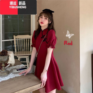 YIBUSHENG红色设计感盘扣裙子2022款改良旗袍复古收腰显瘦茶歇法式连衣裙