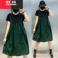 YIBUSHENG大码女装中长款连衣裙2024新款女士胖mm宽松显瘦假两件背带裙子