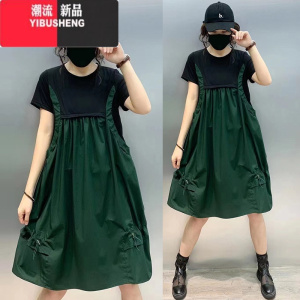 YIBUSHENG大码女装中长款连衣裙2024新款女士胖mm宽松显瘦假两件背带裙子