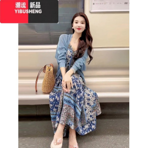 YIBUSHENG蓝色气质法式复古碎花裙针织开衫绝美套装外搭高级感连衣裙套装