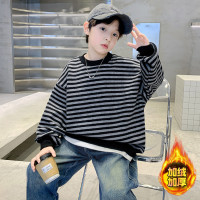 男童加绒卫衣秋冬款新款儿童毛线条纹上衣大童冬季加厚一体绒