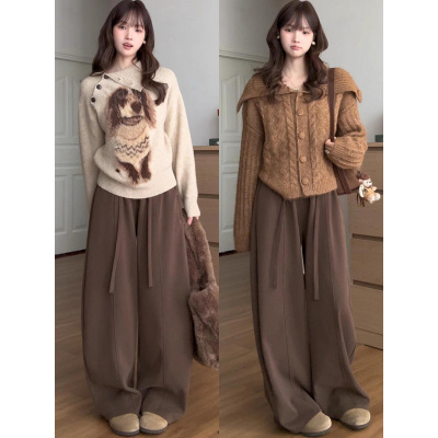 咖色灯芯绒裤子女新款秋冬加绒宽松慵懒休闲小个子阔腿裤