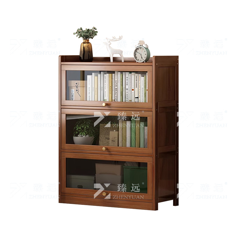 臻远ZY4100909 书架置物架落地简易家用书柜带门防尘储物柜 四层70茶色