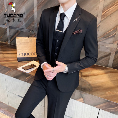 啄木鸟西服套装男士男西装三件套男款修身韩版婚礼新郎伴郎婚庆婚礼正装青年商务礼服男装