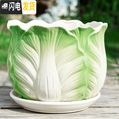 三维工匠花盆陶瓷带托盘大号特大创意个性家用吊兰绿萝小多肉花盆 S1包菜单个 特大花盆容器