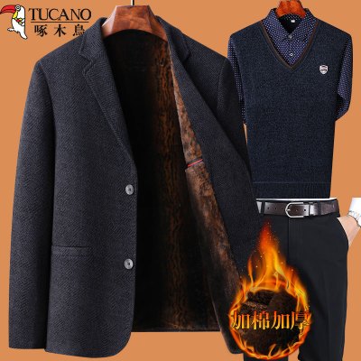 啄木鸟爸爸冬装外套装中年西服男加绒加厚喜公公结婚礼中老年西装