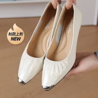 头层牛皮中跟鞋女秋季新款韩版时尚浅口金属头潮流四季单鞋