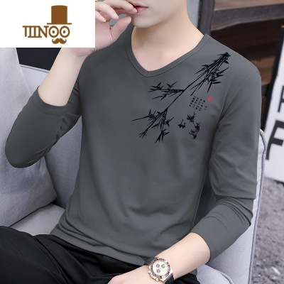 YANXU男士长袖v领t恤薄款青年上衣服修身大码休闲打底衫体恤