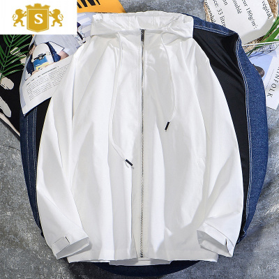 SUNTEK春季日系纯色休闲连帽风衣男士cityboy韩版潮流宽松工装夹克外套风衣